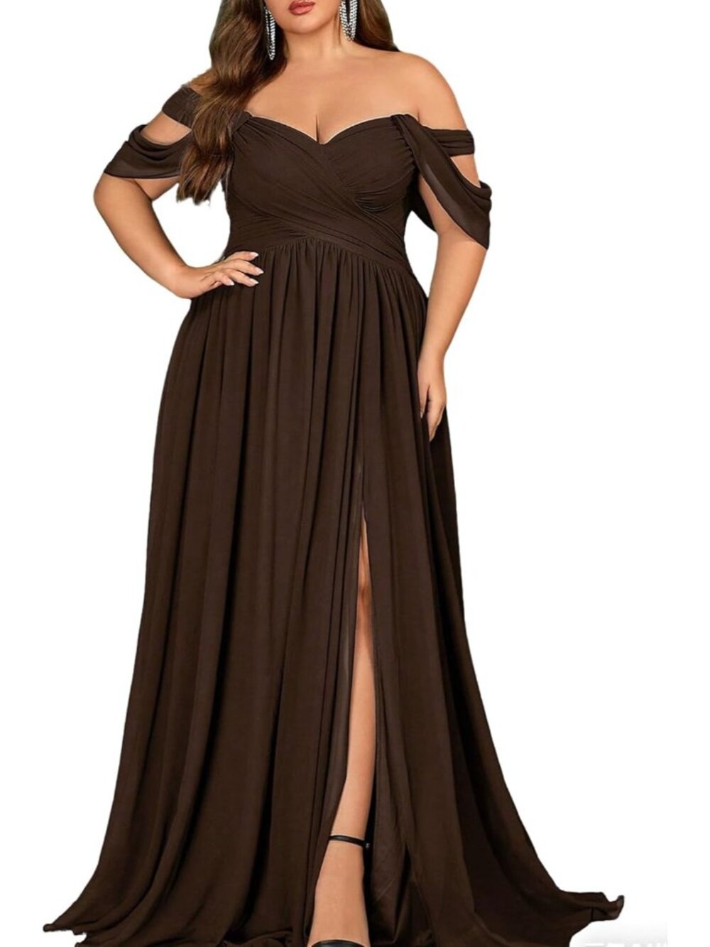 Women's Coffee Brown Off The Shoulder A LINE Chiffon Formal Cocktail Maxi Dress